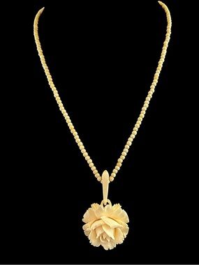 Vintage Hand Carved Bovine Bone Rose Flower Necklace and Pendant